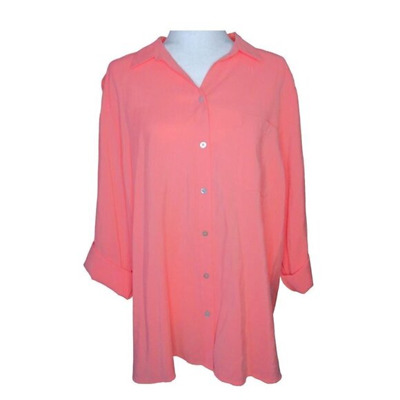 Chico's Coral Button UP Collared Long Sleeve Size 3 Shirt NWT - Picture 1 of 12